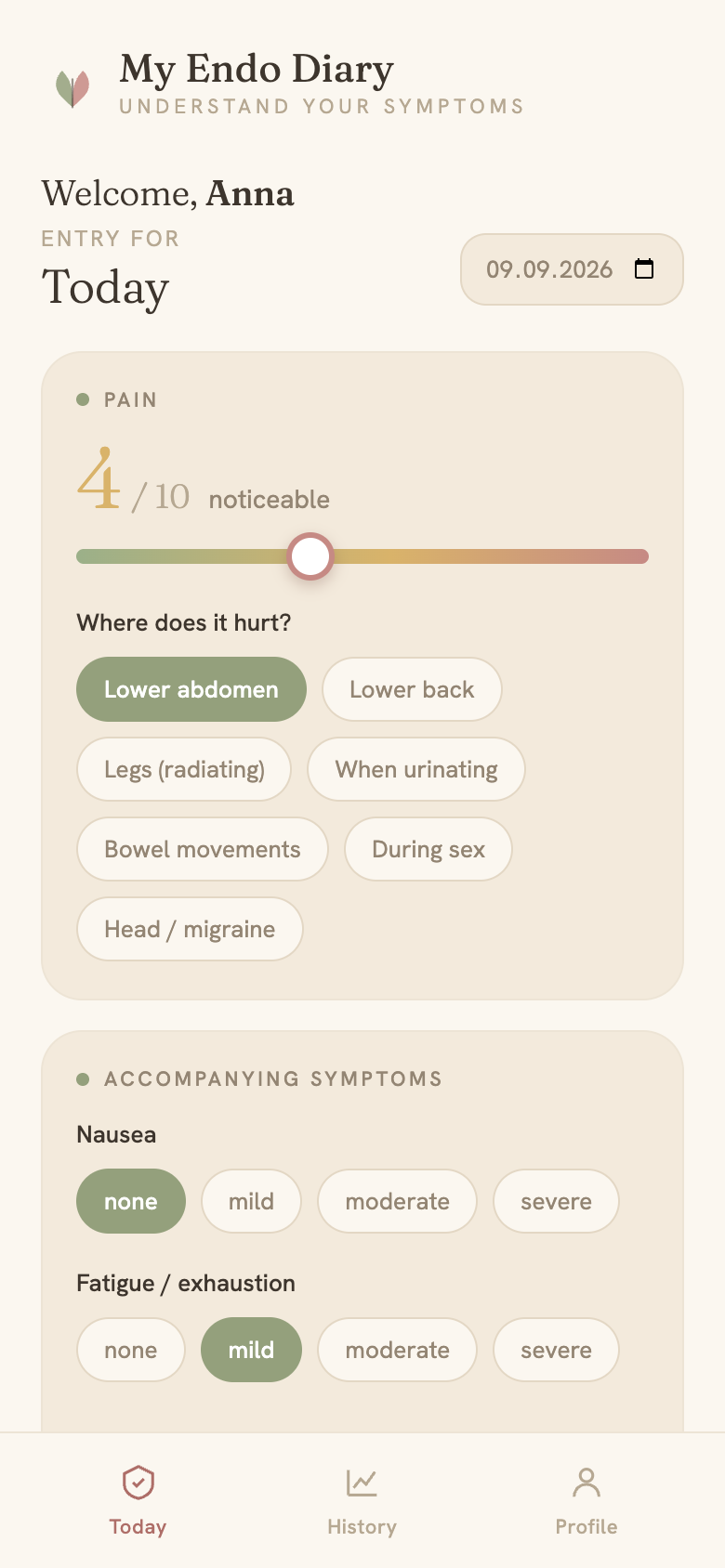 Endotrack: daily entry with pain scale and symptoms
