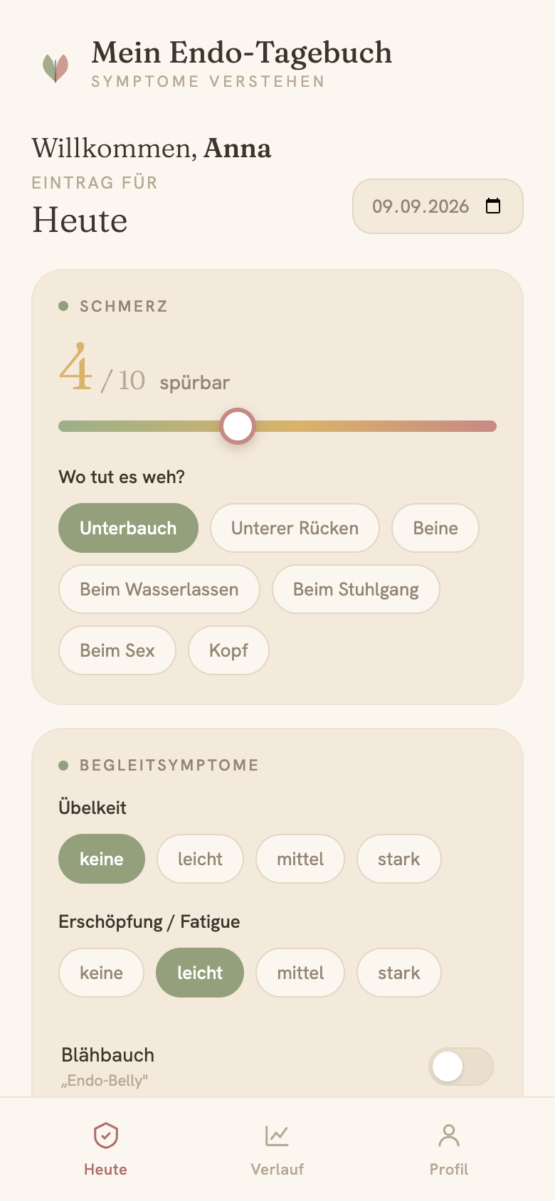 Endotrack: Tageseintrag mit Schmerzskala und Symptomen